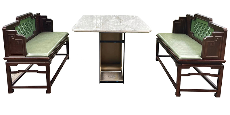 茶餐廳現代簡約新中式大理石鐵藝長方形餐桌（zhuō）