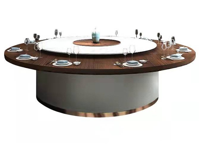 別墅岩石板實木（mù）多功能旋（xuán）轉電動餐桌子