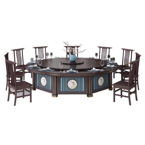 會所包間新中式實（shí）木電（diàn）動餐桌自動轉盤大圓（yuán）桌