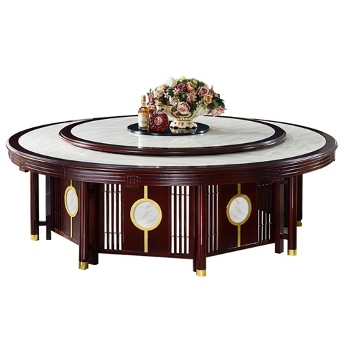 高（gāo）檔飯店新中式實（shí）木飯（fàn）桌電動大理石餐桌