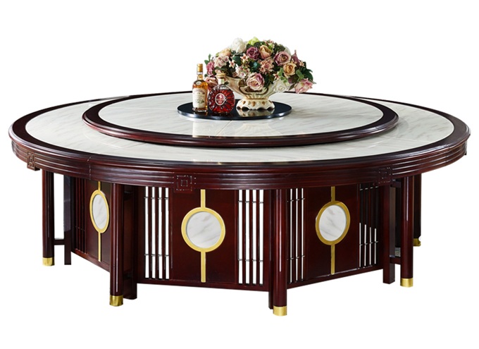 高檔飯店新中式實木飯桌電動大理石餐（cān）桌