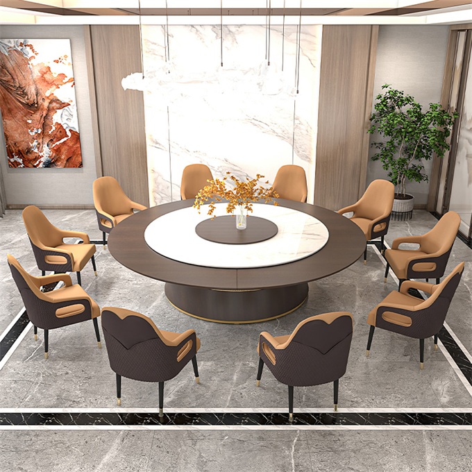 酒店包房（fáng）實木電動大圓桌帶轉盤自動旋（xuán）轉（zhuǎn）餐桌