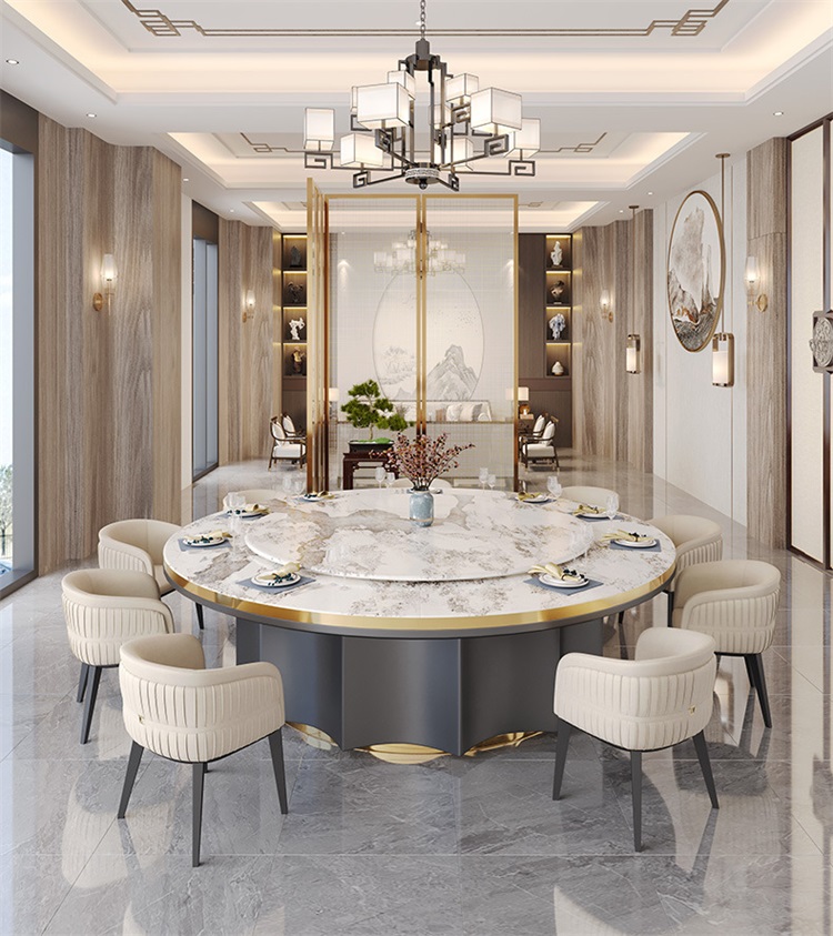 酒店會所別墅豪華輕奢岩板電動餐桌大圓桌