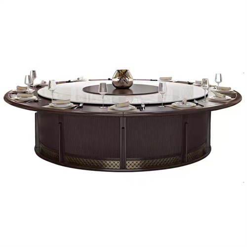 酒店別墅會所新中式高端大理石轉盤實木台麵電動餐桌