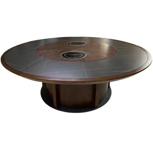 15人16人實木封（fēng）邊岩板（bǎn）台麵轉盤（pán）帶電磁爐電動火鍋桌