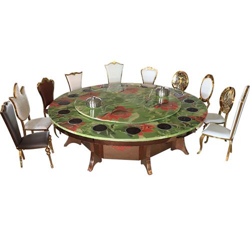 16人位圓形大理石電磁（cí）爐火鍋桌_鍍銅拉絲不鏽鋼餐腳電動餐桌