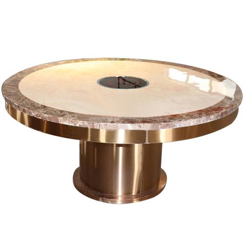 金色大理石餐桌_中間電磁爐火鍋桌_金色拉絲五金底座（zuò）火鍋桌