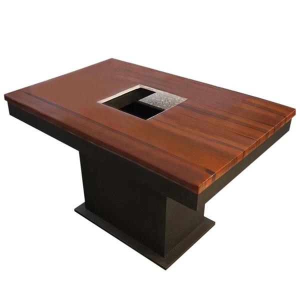 紅棕色大理石台麵火鍋桌_五金磨（mó）砂底座方桶腳大理石電（diàn）磁爐（lú）火鍋