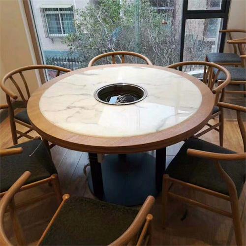 鐵（tiě）藝桌腳實木邊框鑲嵌大理石圓形時尚火鍋桌