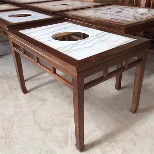 仿古中式（shì）實木邊框鑲嵌大理石台麵電磁爐火鍋桌（zhuō）