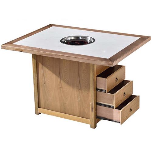 新中式仿古帶抽屜實木邊框（kuàng）鑲嵌大理（lǐ）石下沉式火鍋桌