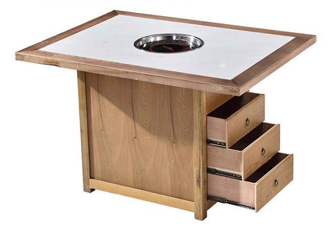 新中式仿古帶抽屜實（shí）木（mù）邊框鑲嵌大理石下沉式火鍋桌