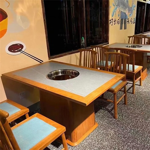 中式仿古實木封邊岩板（bǎn）台麵（miàn）下沉式電磁爐（lú）火鍋桌