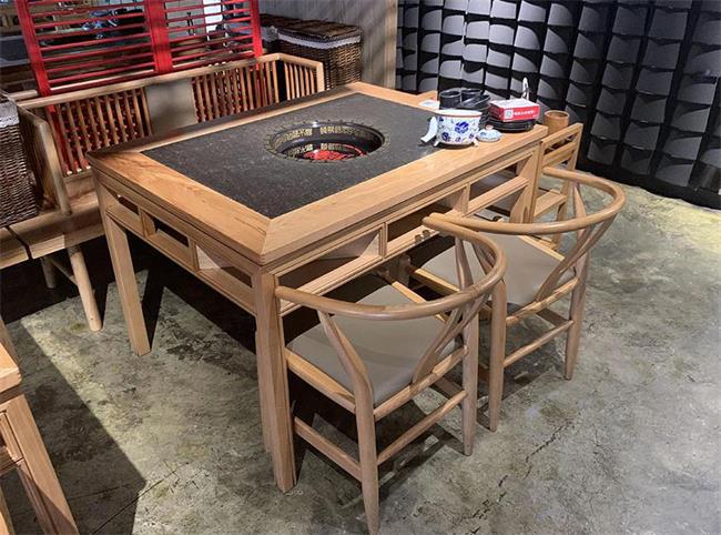 中式仿古火燒石台麵實木火鍋餐（cān）桌（長條桌）