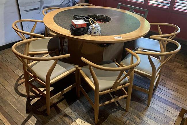 中式仿古火燒石台麵實木火鍋餐桌（圓桌）