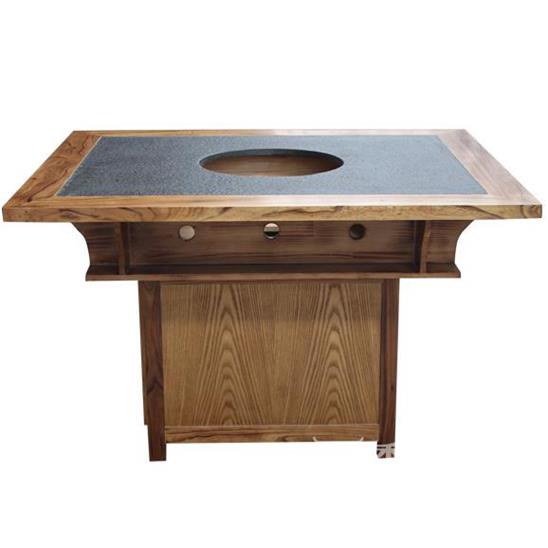 仿古（gǔ）實（shí）木（mù）大理石火鍋餐桌子_燒烤一體餐桌