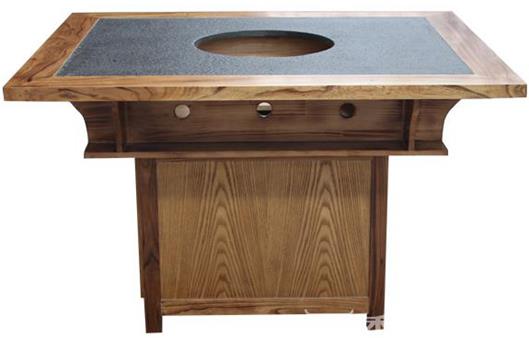 仿古實木大理石火鍋（guō）餐桌子_燒烤一體餐桌正麵展示