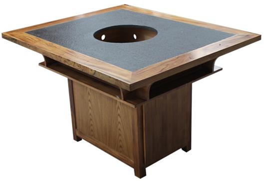 仿古實木大理石火鍋餐桌子_燒烤一體餐桌側麵展示