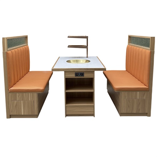 新款時尚實木封邊大理石台（tái）麵火鍋桌桌麵帶菜架功（gōng）能