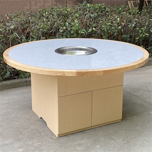 新款大理石台麵下（xià）排風自帶淨化無煙圓形火鍋桌