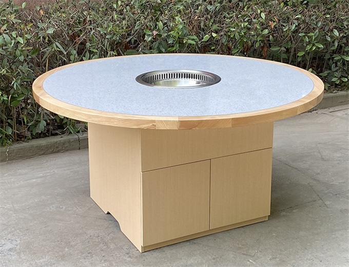 新款大理石台麵（miàn）下排風自帶淨化無煙圓形火鍋桌