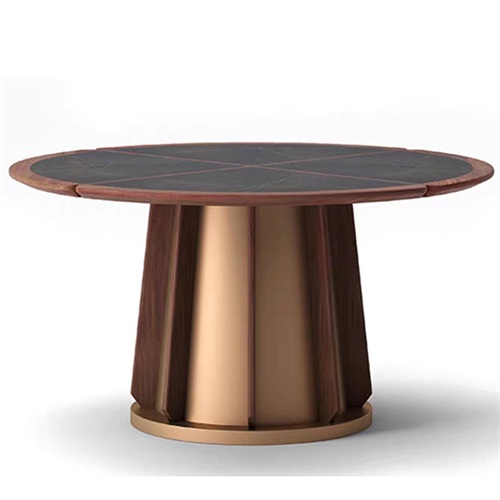現代中式餐（cān）廳（tīng）包（bāo）房鈦金不鏽鋼岩板圓桌