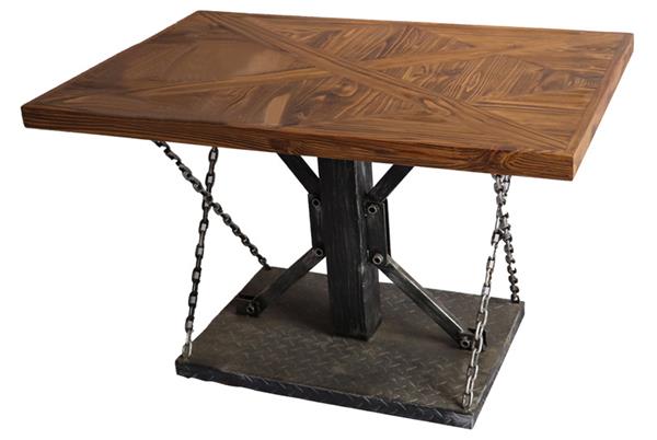 長（zhǎng）方形工（gōng）業鐵藝_實木（mù）桌（zhuō）麵米子結構餐桌（zhuō）_鎖鏈拉桌_五金工業鐵板底座